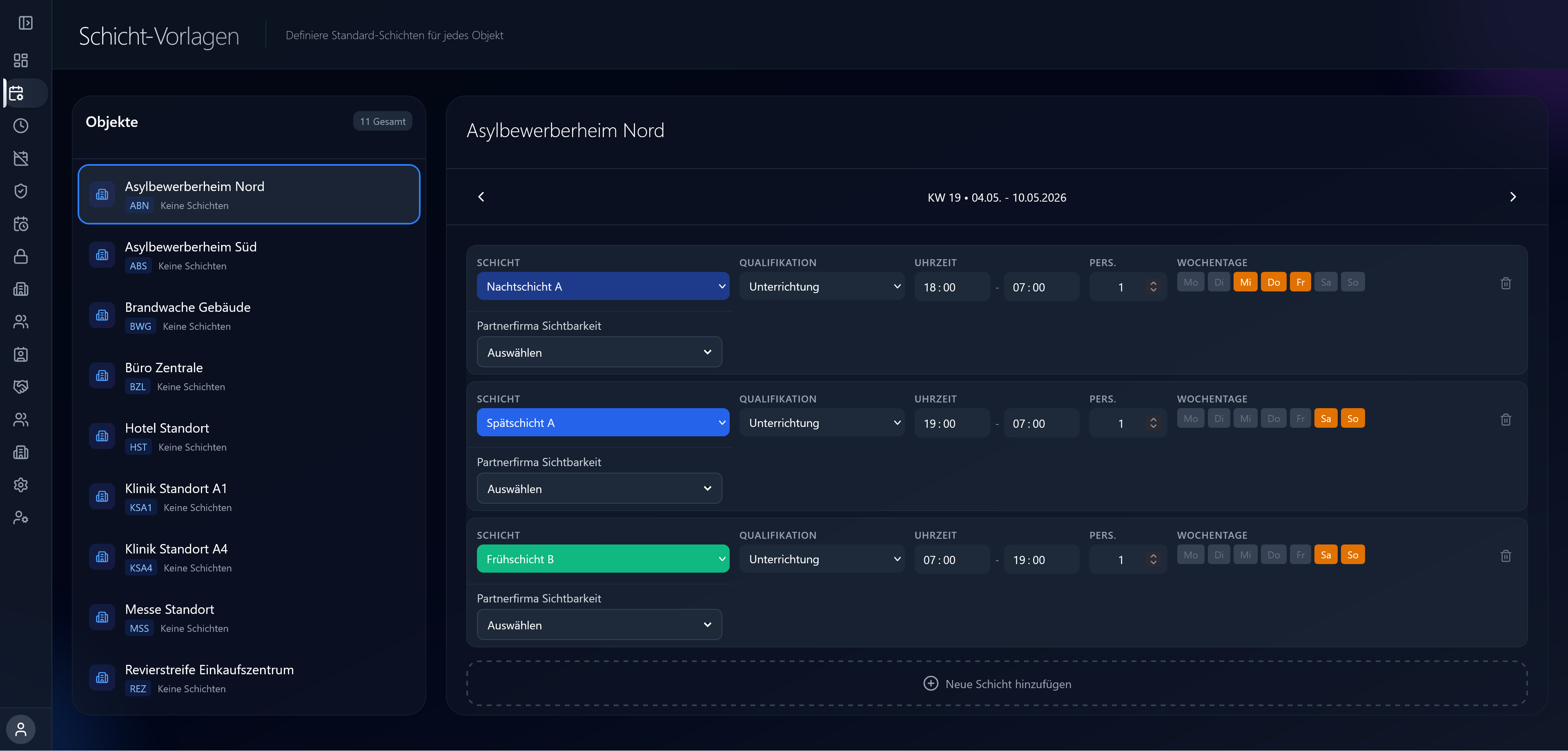 SecureTime – Standard-Schichten und Wochentage pro Objekt verwalten